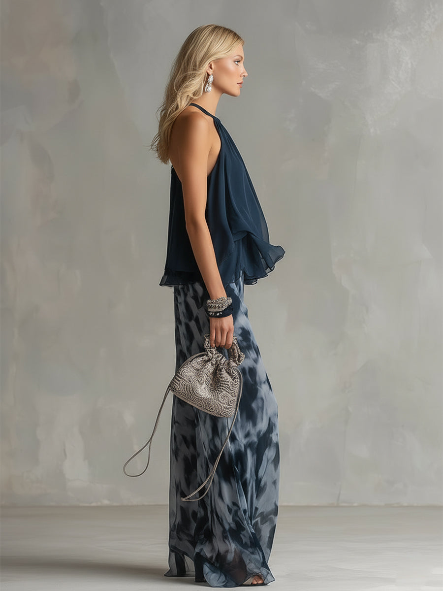 Ludovica – Elegant chiffon set with high-neck top and printed wide-leg pants