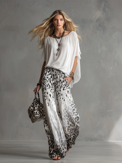 Modern And Stylish White T-shirt And Leopard Print Chiffon Pants Set