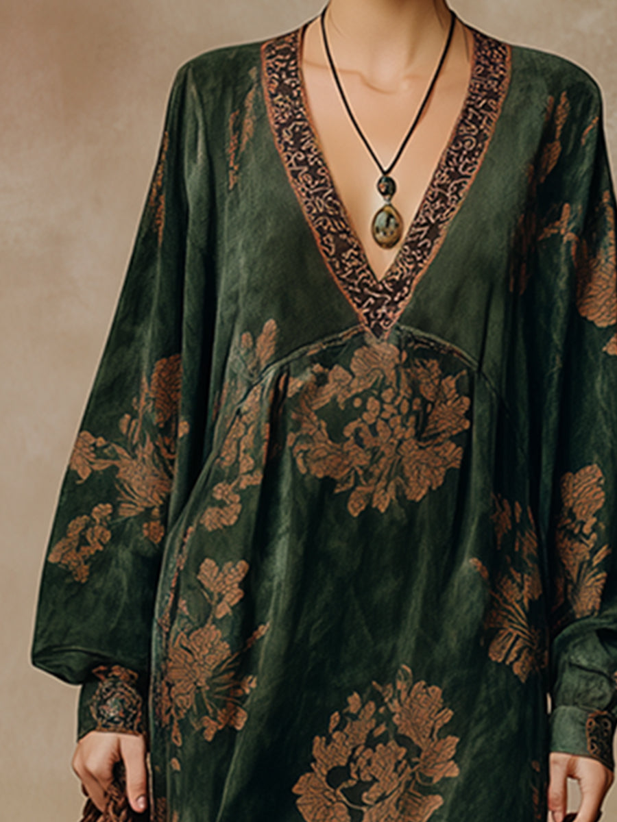 Retro Silhouette Printed Green Faux Suede Tassel Maxi Dress