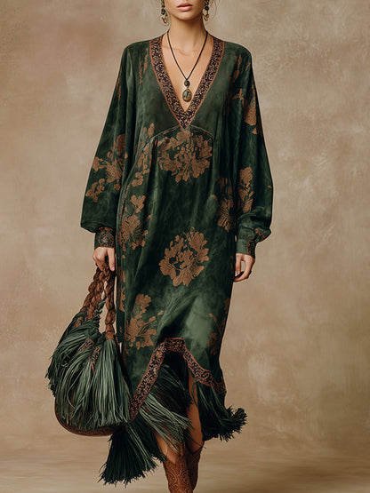Retro Silhouette Printed Green Faux Suede Tassel Maxi Dress