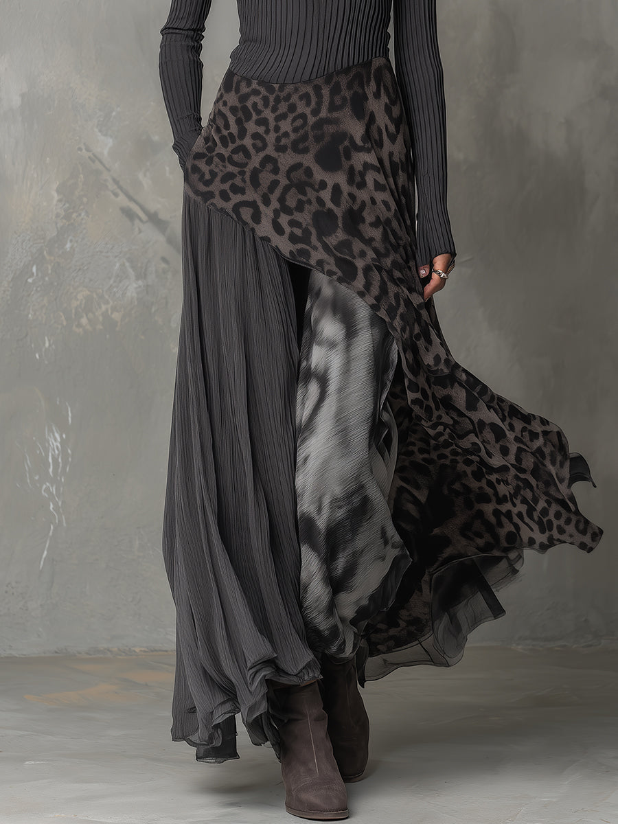Martina - Long Bohemian Style Dress with Leopard Print