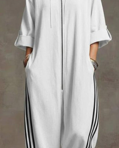 Striped Sporty Zip-Up Jumpsuit