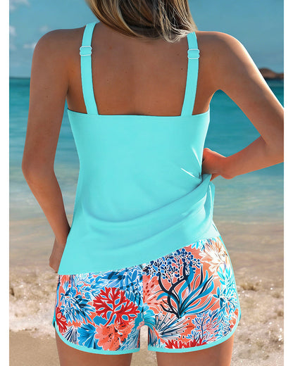 Sleeveless Printed Tankini Top and Shorts