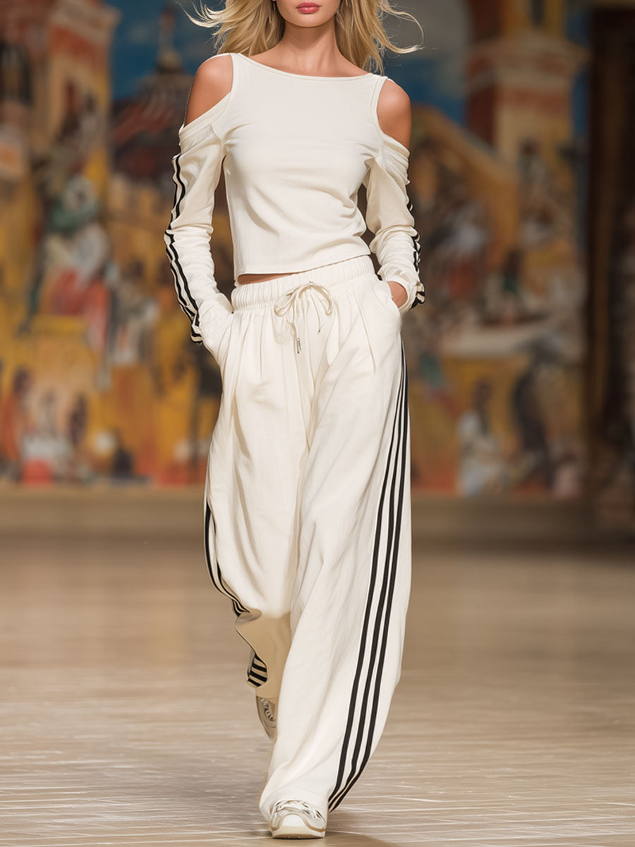 Sporty Off-the-shoulder Long-sleeved Top And Pants Set