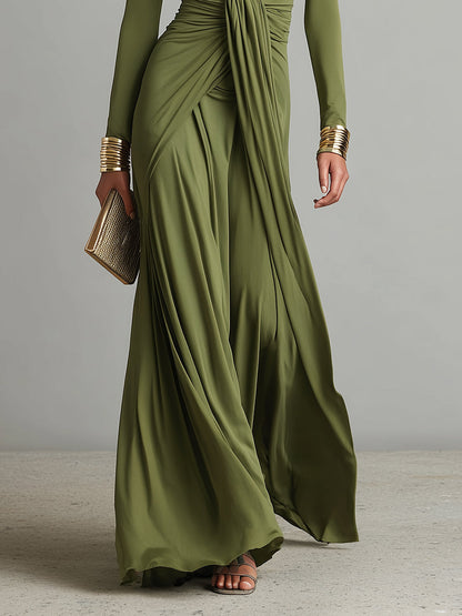 Olive Green Long Dress in Stretch Silk with Deep V-Neck and Ruffled Details, Glamour Maxi Dress