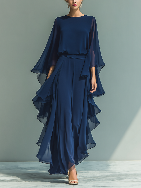 Navy Blue Chiffon Top Set with Flared Sleeves and Straight Leg Pants with Ruché Details