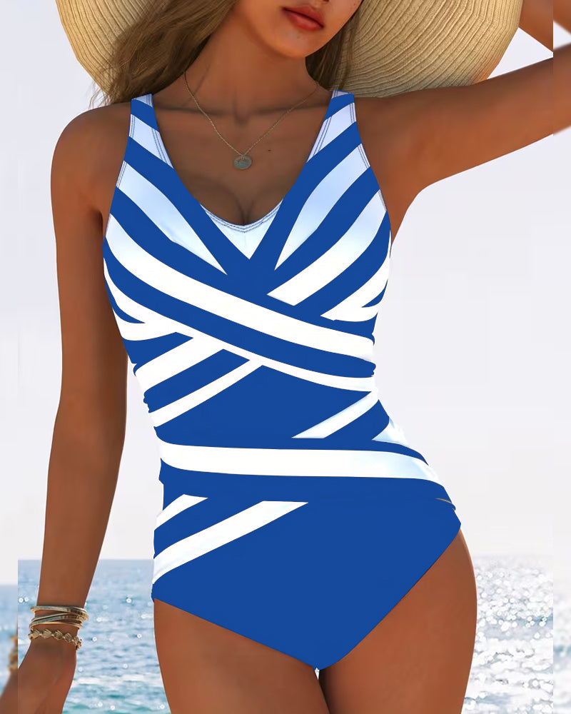 Casual striped swimsuit with V-neck, one-piece