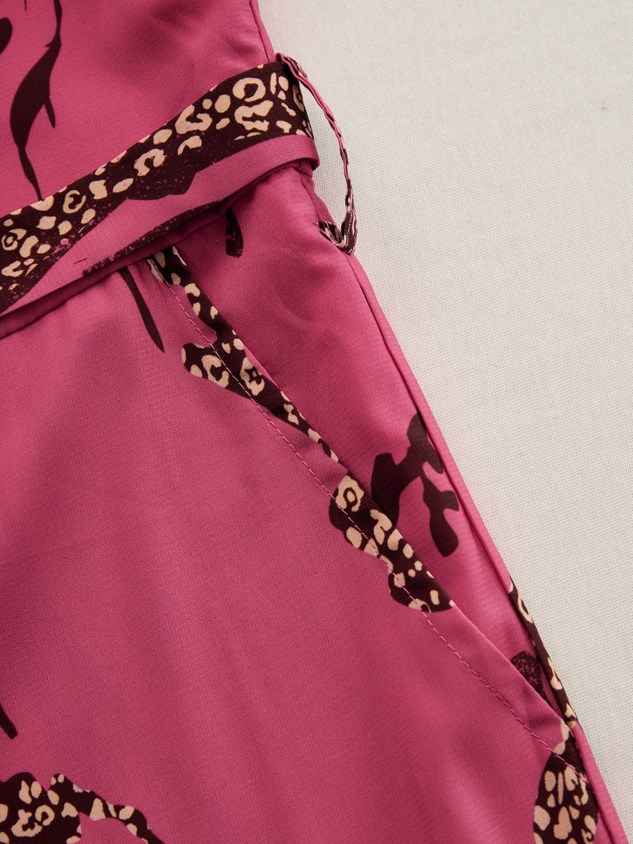 Casual Loose Rose Red Chiffon Leopard Print Long-Sleeved Jumpsuit