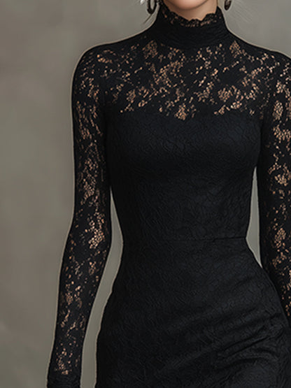 Elegant Party Black Stretch Lace Fishtail Maxi Dress