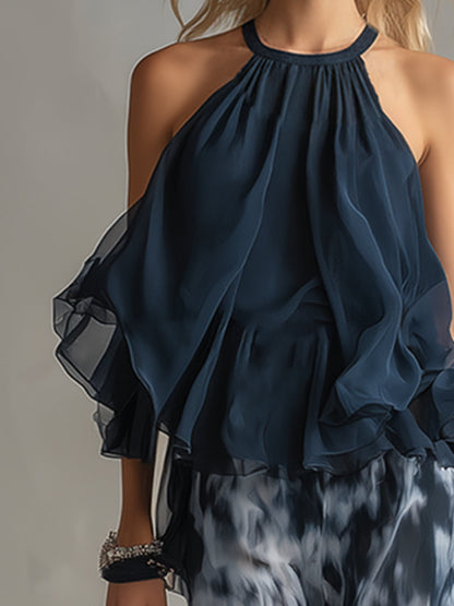 Ludovica – Elegant chiffon set with high-neck top and printed wide-leg pants