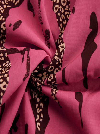 Casual Loose Rose Red Chiffon Leopard Print Long-Sleeved Jumpsuit