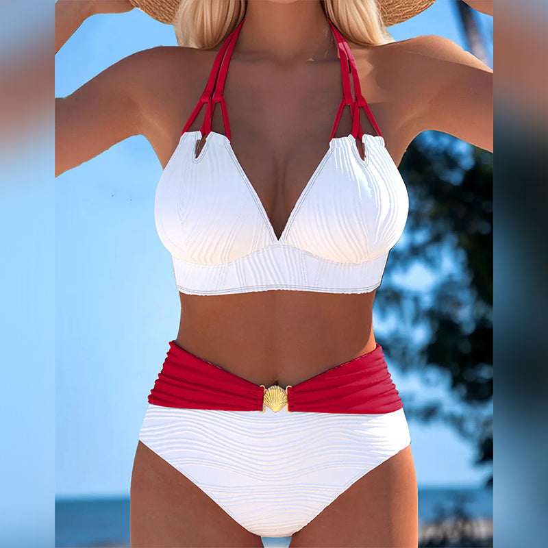 High-Waisted Double Strap Swimsuit with Contrast Colour