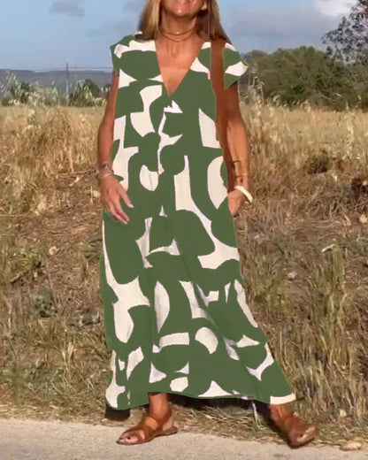 Naomi | Long Printed Dress with V-Neck and Flared Fit