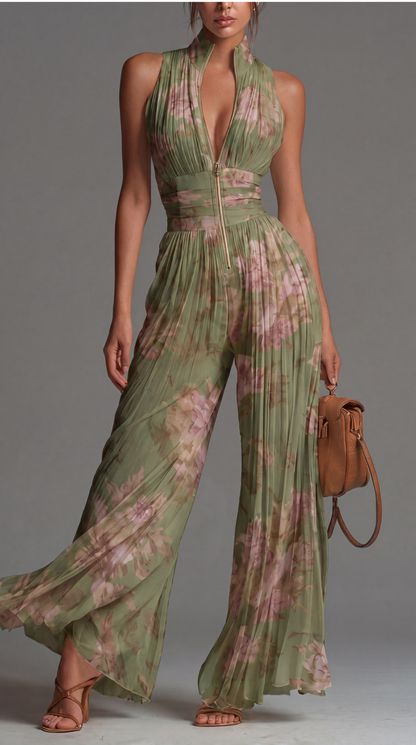 Jacky Pleated Chiffon Floral Jumpsuit