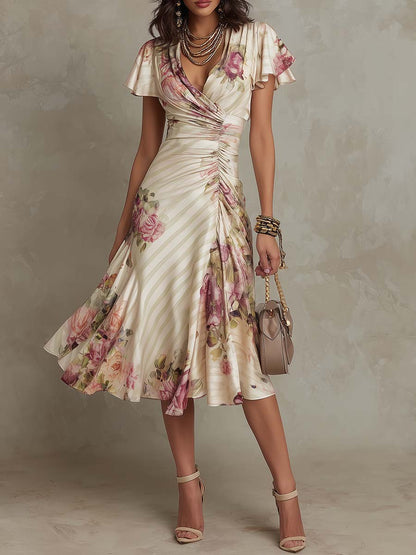 Alba | Elegant Midi Satin Dress with Retro Flowers