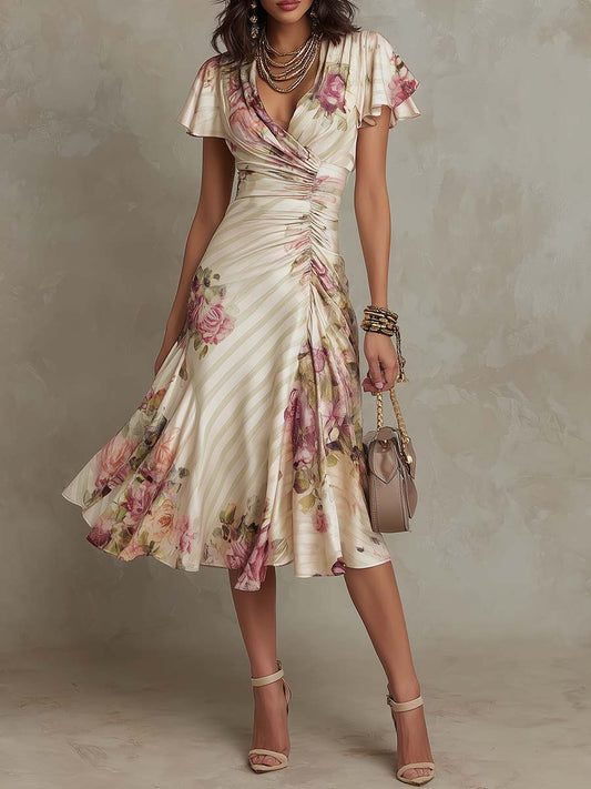 Alba | Elegant Midi Satin Dress with Retro Flowers