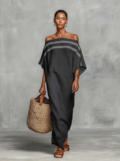 Minimalist Maxi Dress for Women with Off-the-Shoulder Neckline and Batwing Sleeves