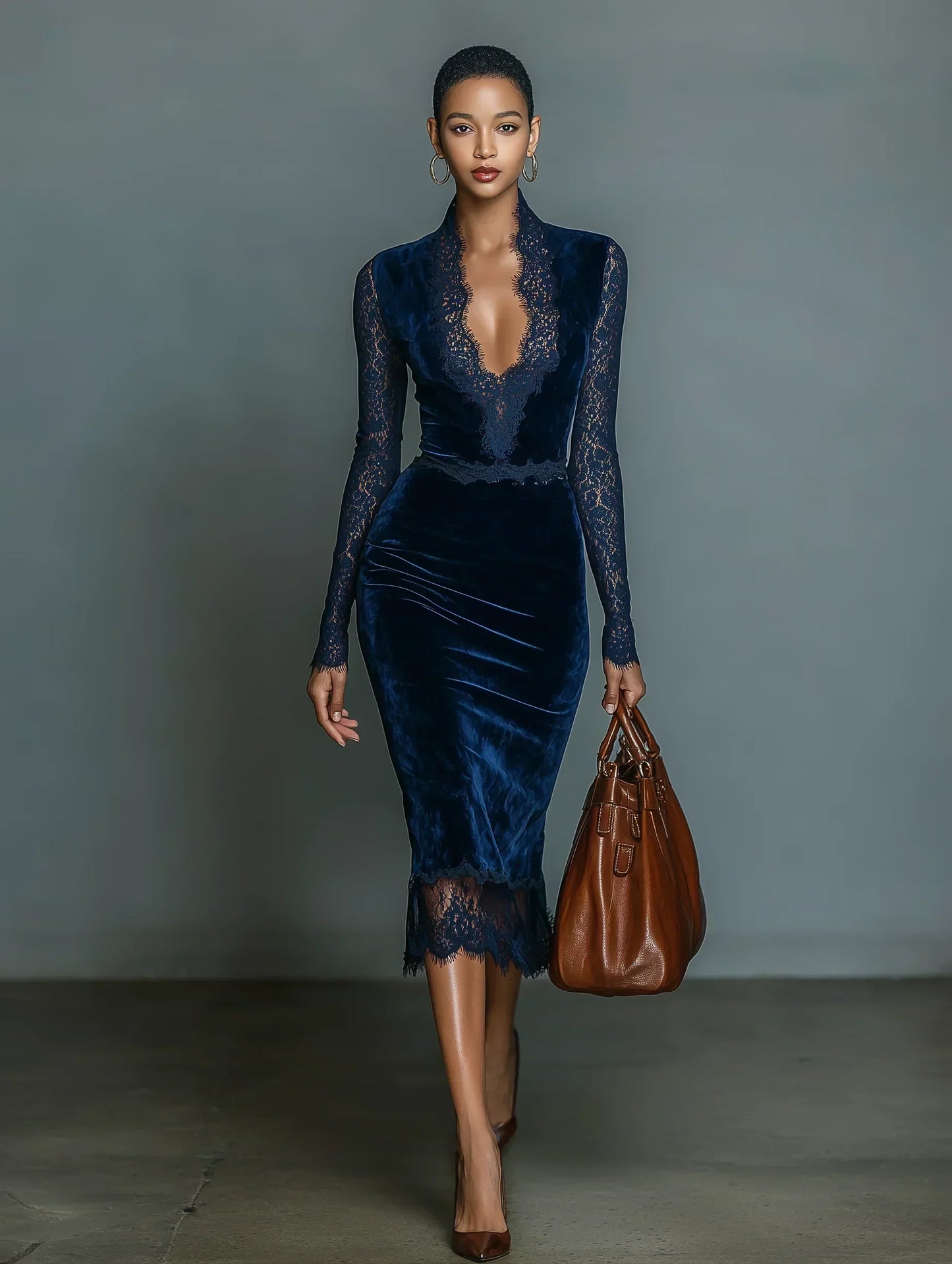 Elegant and Fashionable Dark Blue Velvet Slim-Fit Midi Dress for Women with Lace Detail at the V-Neck and Sleeves