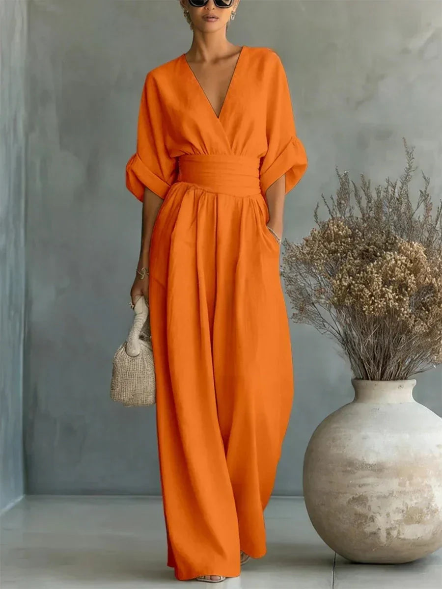 ESSENTIAL - Elegant V-Neck Jumpsuit with High Waist