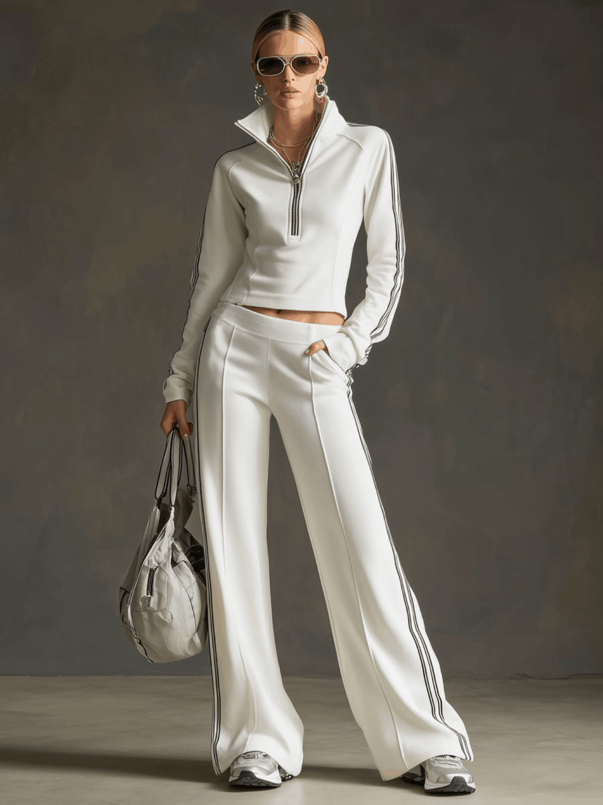 Sporty Retro Striped Webbing White Long-Sleeve Sweatshirt And Wide-Leg Pants Set