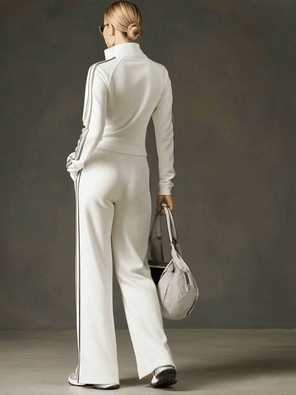 Sporty Retro Striped Webbing White Long-Sleeve Sweatshirt And Wide-Leg Pants Set