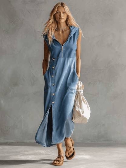 Exquisite Vintage Casual Hooded V-neck Zipper Side Slits Buttons Blue Denim Midi Dress