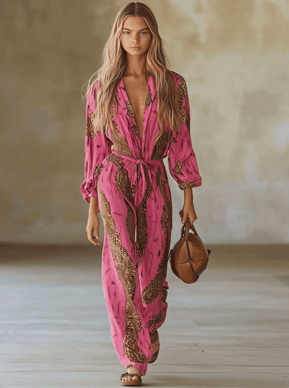 Casual Loose Rose Red Chiffon Leopard Print Long-Sleeved Jumpsuit
