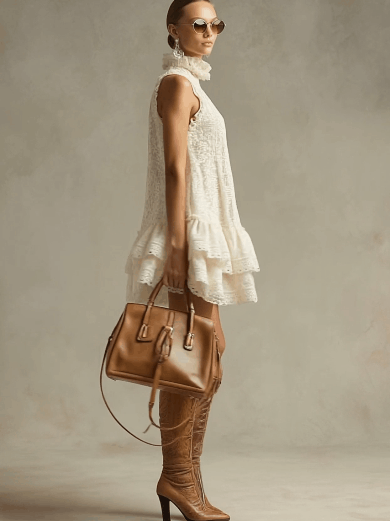 Vacation Retro Beige Lace Sleeveless Ruffled Mini Dress