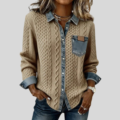 Ambra - Patchwork Knit Top with Denim Details