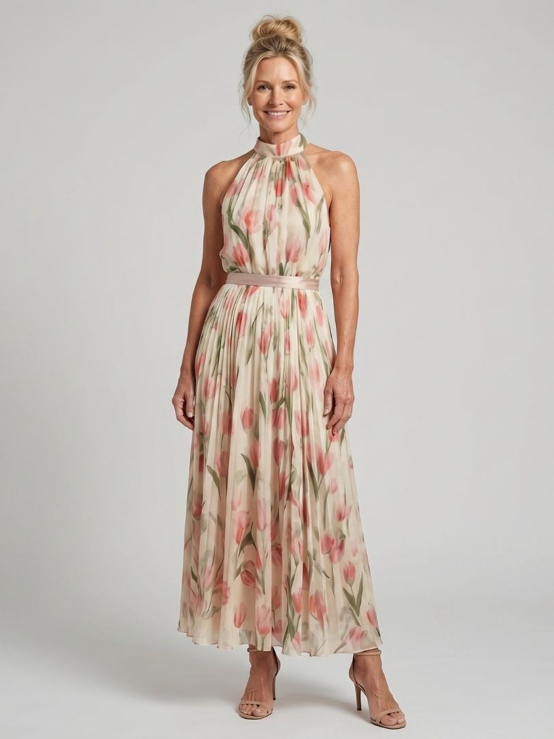 Aurelle™ | Halter Neck Floral Midi Dress