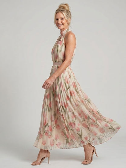 Aurelle™ | Halter Neck Floral Midi Dress