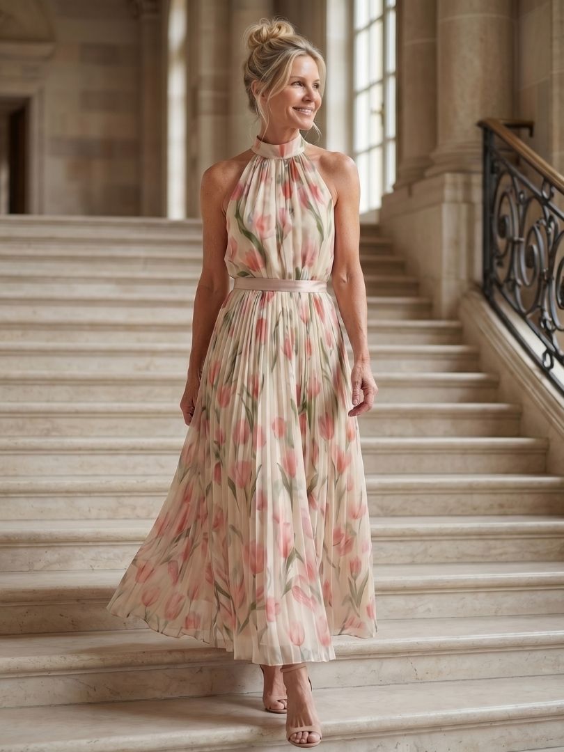 Aurelle™ | Halter Neck Floral Midi Dress