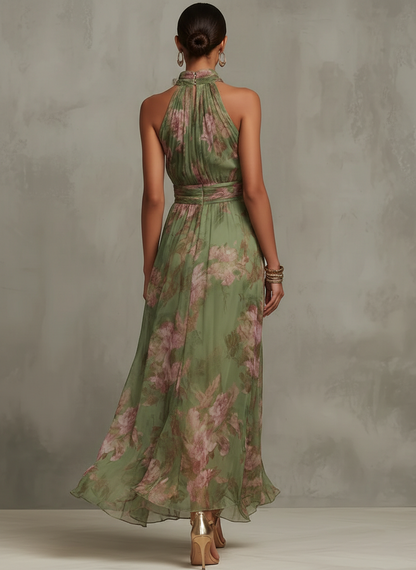 Florence | Green Floral Chiffon Halter Maxi Dress