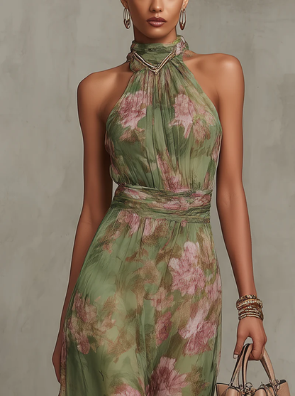 ESSENTIAL - Serena ∙ Green Floral Chiffon Maxi Dress with Halter Neck