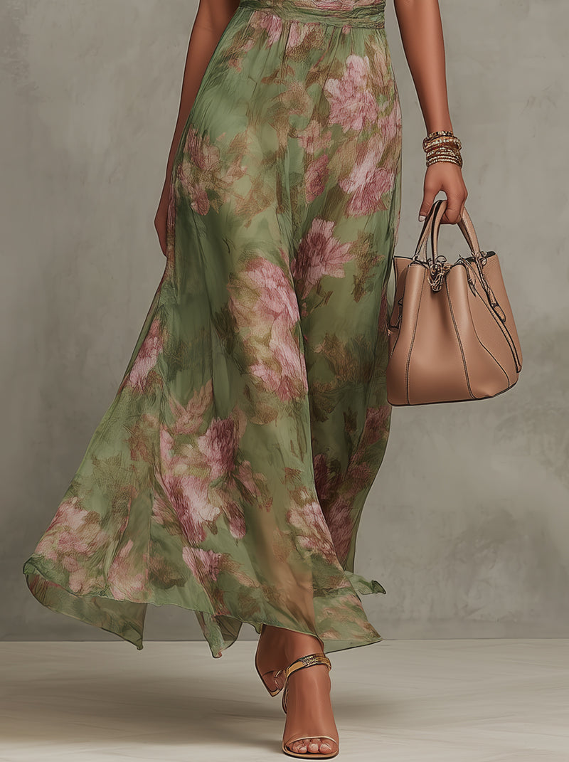 ESSENTIAL - Serena ∙ Green Floral Chiffon Maxi Dress with Halter Neck