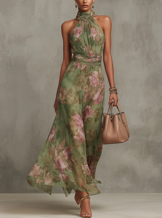 ESSENTIAL - Serena ∙ Green Floral Chiffon Maxi Dress with Halter Neck