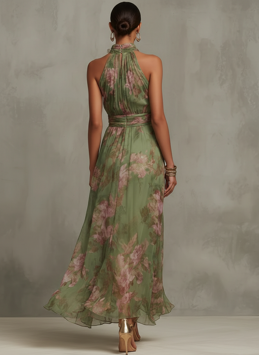 ESSENTIAL - Serena ∙ Green Floral Chiffon Maxi Dress with Halter Neck