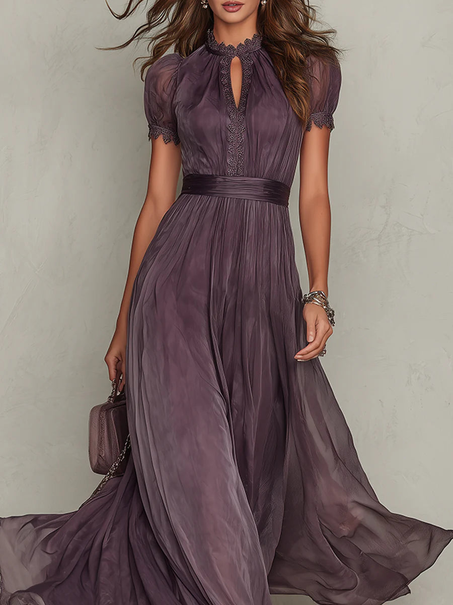 Flavia | Long Purple Dress with Keyhole Neckline and Chiffon Lace Finish