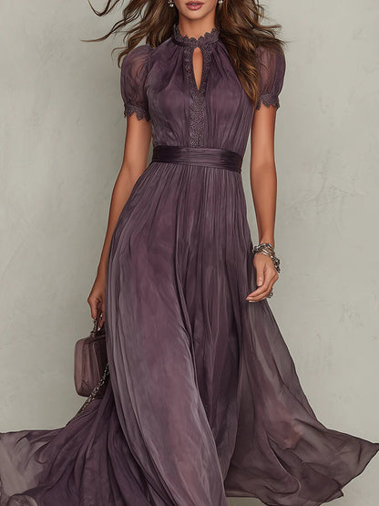 Flavia | Long Purple Dress with Keyhole Neckline and Chiffon Lace Finish