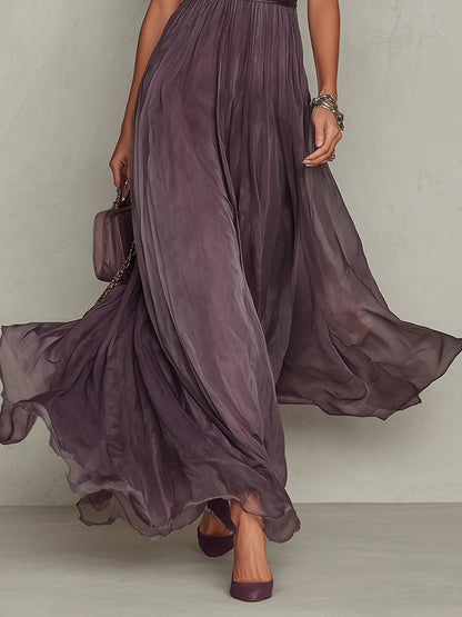 Flavia | Long Purple Dress with Keyhole Neckline and Chiffon Lace Finish