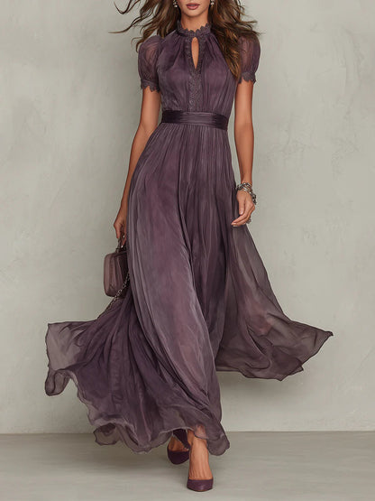 Flavia | Long Purple Dress with Keyhole Neckline and Chiffon Lace Finish