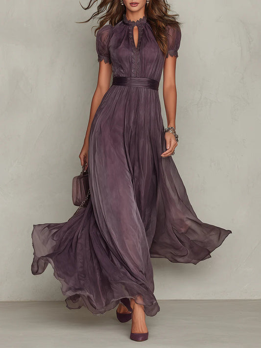 Flavia | Long Purple Dress with Keyhole Neckline and Chiffon Lace Finish