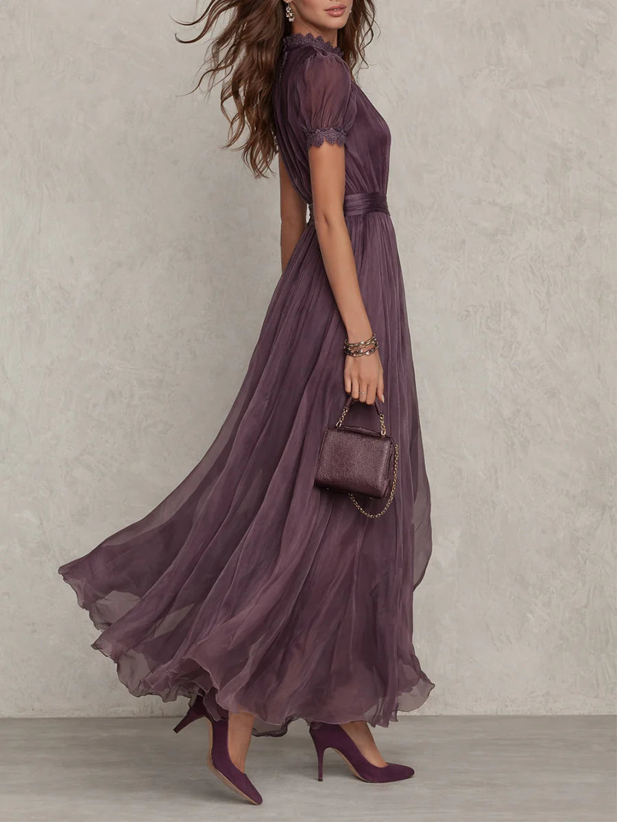 Flavia | Long Purple Dress with Keyhole Neckline and Chiffon Lace Finish