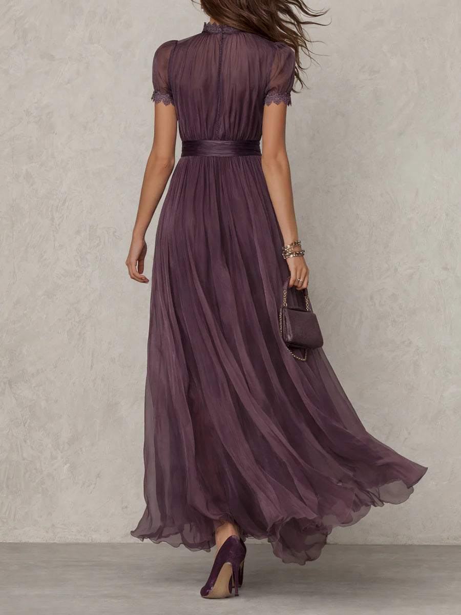 Flavia | Long Purple Dress with Keyhole Neckline and Chiffon Lace Finish