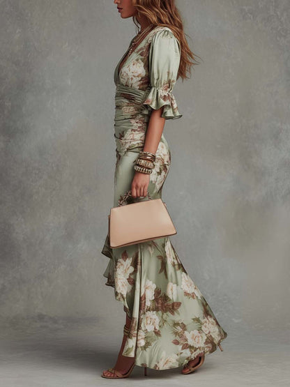 Anastasia | Long Satin Dress with Floral Print
