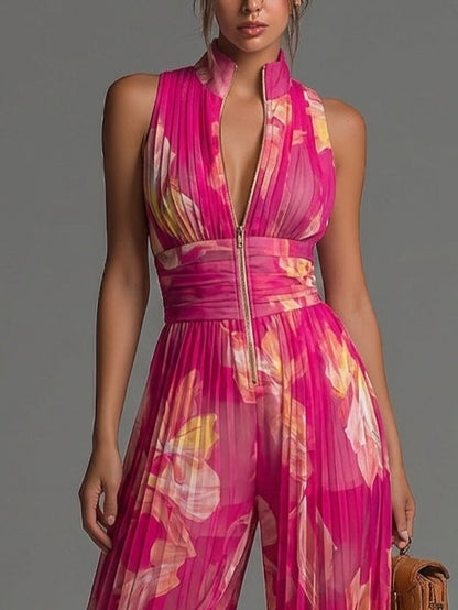 Olivia Jumpsuit | Fuchsia Floral Pleated Chiffon