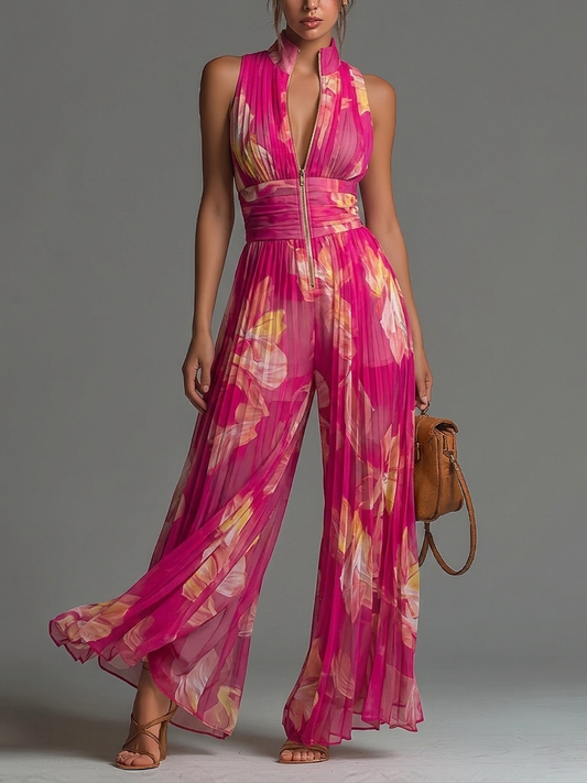 Olivia Jumpsuit | Fuchsia Floral Pleated Chiffon