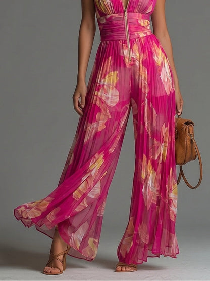 Olivia Jumpsuit | Fuchsia Floral Pleated Chiffon
