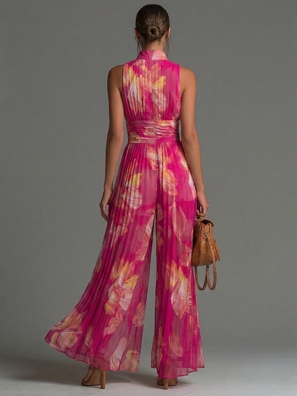 Olivia Jumpsuit | Fuchsia Floral Pleated Chiffon