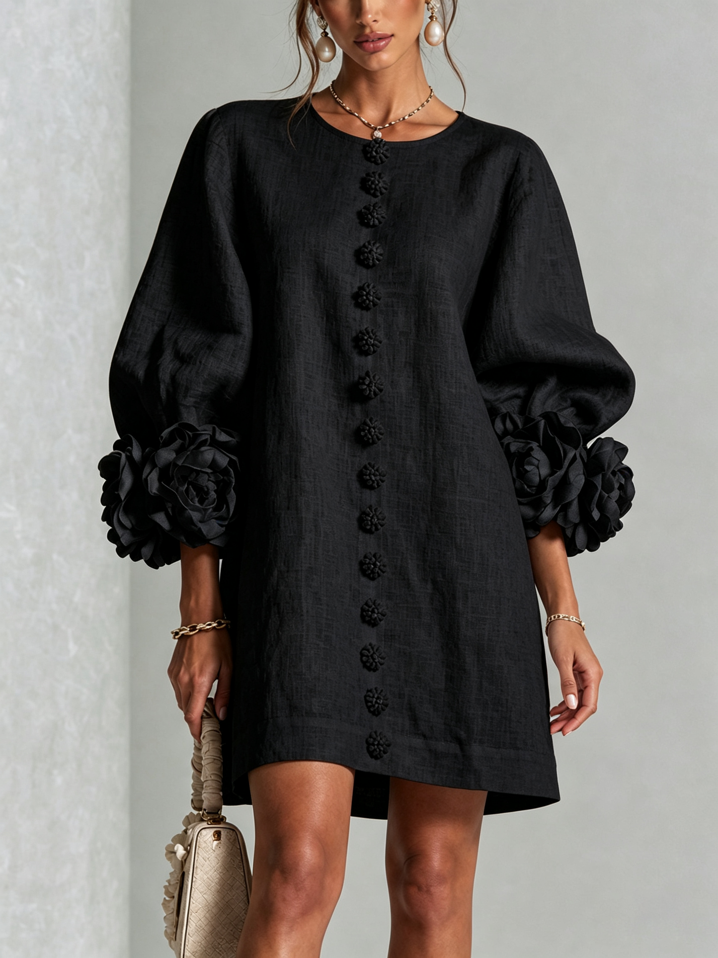 White Floral Button-down Mini Dress With Striking Floral Cuffs